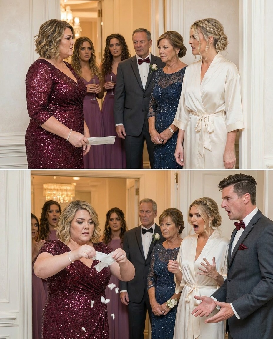 Ma sœur bloqua la porte et lança d’un ton méprisant : « Il n’y a pas de gros sur mes photos de mariage ! » Alors, je sortis le chèque de 20 000 $ et le déchirai en mille morceaux… et en m’éloignant, je la laissai réaliser ce que cela impliquait pour la salle de réception – et pour tout le reste qu’elle croyait déjà payé. Ma sœur cadette, Vanessa, bloqua la porte de la suite nuptiale d’une main appuyée contre le cadre, son sourire si acéré qu’il semblait pouvoir fendre l’air en deux. « Il n’y a pas de gros sur mes photos de mariage », répéta-t-elle, d’un ton aussi désinvolte que si elle ajustait un plan de table. Pendant une brève seconde, comme suspendue, le couloir se figea dans un silence complet. Derrière elle, les demoiselles d’honneur se figèrent en plein rire, leurs coupes de champagne flottant maladroitement près des lèvres. Ma mère baissa les yeux vers les perles posées sur sa clavicule, soudain fascinée par leur éclat. Mon père changea d’attitude et fit semblant de consulter son téléphone, bien que l’écran fût éteint. Et Vanessa se tenait là, enveloppée de soie blanche, rayonnante sous des couches de maquillage coûteux, dissimulant une cruauté bien plus laide, une cruauté dont seule la famille a le secret. Je la fixai, essayant de comprendre ce que je venais d’entendre. « Pardon ? » Le mot sortit plus lentement que prévu, comme si mon cerveau avait besoin de temps pour assimiler la réalité. Vanessa laissa échapper un petit rire, presque amusé. « Ne fais pas de scène, Claire », dit-elle d’un ton léger mais tendu. « C’est mon mariage. Je veux juste que tout soit… harmonieux. » Le mot résonna, poli et artificiel. « Harmonieux », répétai-je, en savourant l’amertume. Son regard parcourut mon corps délibérément, s’attardant sur ma robe bleu marine, taillée sur mesure, à la fois sobre et élégante, la même robe qu’elle avait approuvée avec enthousiasme des mois auparavant, alors qu’elle avait davantage besoin de mon aide financière que des apparences. À l’époque, elle l’avait trouvée parfaite. « Tu peux quand même venir », ajouta-t-elle en baissant la voix, comme pour me faire une faveur. « Mais reste loin de l’autel. Et des photos de famille. Le photographe fait une séance photo style magazine, et j’ai payé une fortune pour ça. » « Non », dis-je doucement. « J’ai payé une fortune pour ça aussi. » Son sourire s’estompa un instant, avant qu’elle ne reprenne ses esprits. La vérité entre nous était flagrante. Elle planait, lourde et indéniable. J’avais payé l’acompte pour la salle, réglé la fleuriste, la première facture du traiteur et réservé le photographe avec un arrhes. Vingt mille dollars au total. Quelques semaines plus tôt, elle était assise à ma table de cuisine, en larmes, le visage enfoui dans ses mains, se plaignant de problèmes d’argent et expliquant qu’elle avait juste besoin d’un coup de pouce en attendant le remboursement des voyages de noces. Ce soir-là, elle m’avait serrée fort dans ses bras, m’appelant son sauveur. Maintenant, elle m’empêchait même de franchir une porte. Mark, mon fiancé, se rapprocha de moi. « Claire, on peut partir », dit-il doucement, d’une voix calme mais protectrice. Le regard de Vanessa se tourna brusquement vers lui, une lueur d’irritation dans la voix. « C’est une affaire de famille. » « Lui demander de l’argent, c’était pareil », répliqua-t-il d’un ton égal. Ma mère leva enfin les yeux, le visage crispé. « Claire, s’il te plaît, ne gâche pas la journée de ta sœur. » Quelque chose changea alors en moi, une sensation froide et étrangement calme. J’ouvris lentement ma pochette. Les yeux de Vanessa s’illuminèrent un instant, car les gens comme elle reconnaissaient toujours le bruit d’une fermeture éclair quand il était question d’argent. Je sortis le dernier chèque qu’elle m’avait suppliée d’apporter. Vingt mille dollars. Son dernier versement. Je le brandis entre nous, laissant son poids se poser dans le silence. Vanessa se pencha vers moi, sa voix baissant. « Ne fais pas l’idiote. » Je le déchirai une première fois. Ses lèvres s’entrouvrirent. Je le déchirai une seconde fois. Et encore. Et encore. De petits fragments blancs flottaient sur le sol ciré comme des confettis inertes, se dispersant à nos pieds. Je souris, non par colère, mais par lucidité. « Bon courage pour trouver comment payer vos prestataires », dis-je calmement, « car le contrat de location de la salle est à mon nom. »Suite dans le premier commentaire. 👇👇👇