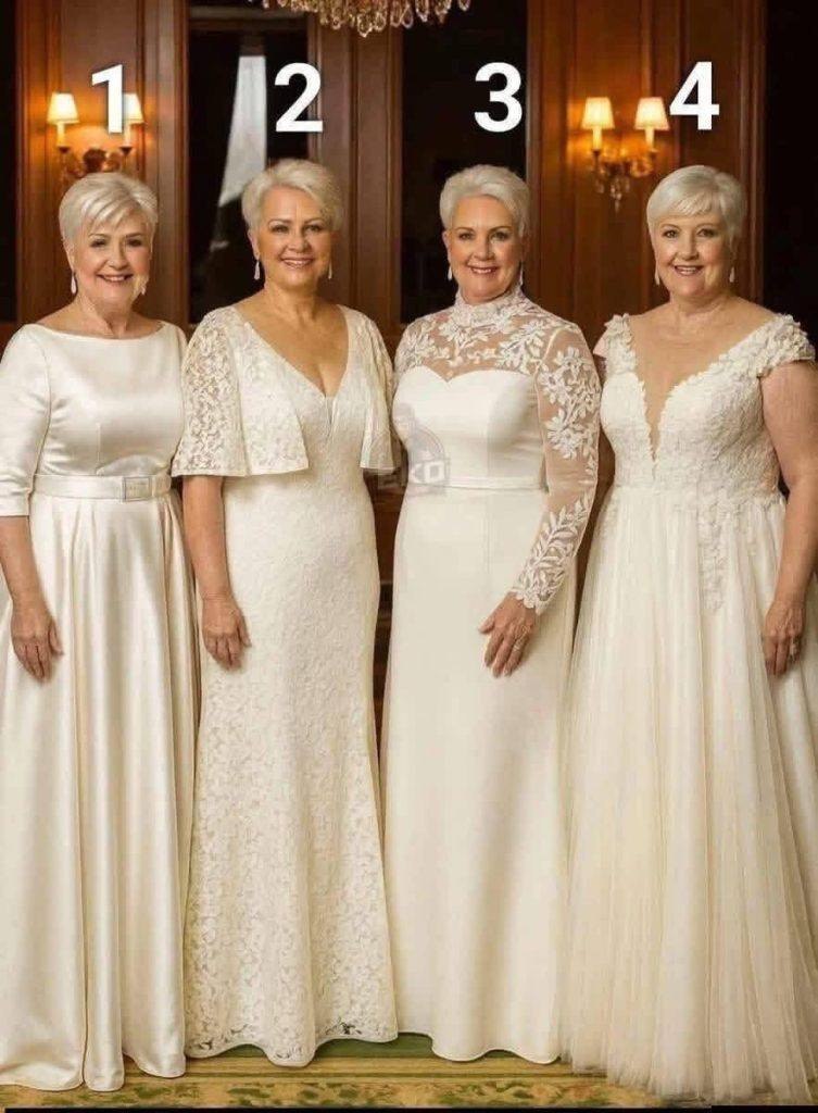 Quatre robes, une mariée intemporelle : quelle est la robe de mariée idéale pour une femme de plus de 60 ans ? Quatre robes, une mariée intemporelle : laquelle choisir ? Les robes de mariée sont-elles encore à la mode après 60 ans ? La photo que vous avez partagée circule depuis des années car elle est captivante : quatre femmes qui se ressemblent comme deux gouttes d’eau, ou peut-être la même femme retouchée, chacune portant une robe blanche différente, numérotée de 1 à 4. Même coupe courte argentée, même sourire, même lumière chaude, quatre personnalités de mariée complètement différentes. Ce n’est pas une question d’âge, mais de morphologie. Après 50 ou 60 ans, le choix de la robe idéale dépend moins des tendances et plus du style, du confort et de ce que vous souhaitez mettre en valeur. Voici une analyse de chaque style, à qui il convient le mieux et comment l’adapter à un mariage, un remariage, un renouvellement de vœux ou une occasion spéciale comme la fête des Mères. Ces quatre robes ont un point commun : elles sont toutes magnifiques car elles répondent à trois exigences essentielles pour les mariées d’âge mûr : un maintien optimal (armatures intégrées ou taille marquée, pas de jersey moulant), une mise en valeur subtile de la peau (épaules, poitrine) et une touche de sensualité (décolleté, dos). Le mat est préférable au brillant : le satin et la dentelle rendent mieux en photo que les paillettes scintillant sous les projecteurs d’une salle de bal. Passons maintenant aux détails. 1 – Robe trapèze classique en satin. Caractéristiques : encolure bateau, manches trois-quarts, large ceinture en satin et jupe trapèze ample en satin ivoire doux. Pourquoi elle fonctionne : ce style rappelle celui de Grace Kelly. L’encolure bateau élargit les épaules étroites, la ceinture marque la taille sans corset et les manches trois-quarts offrent une grande polyvalence pour couvrir les bras, descendant jusqu’à la partie la plus fine de l’avant-bras.