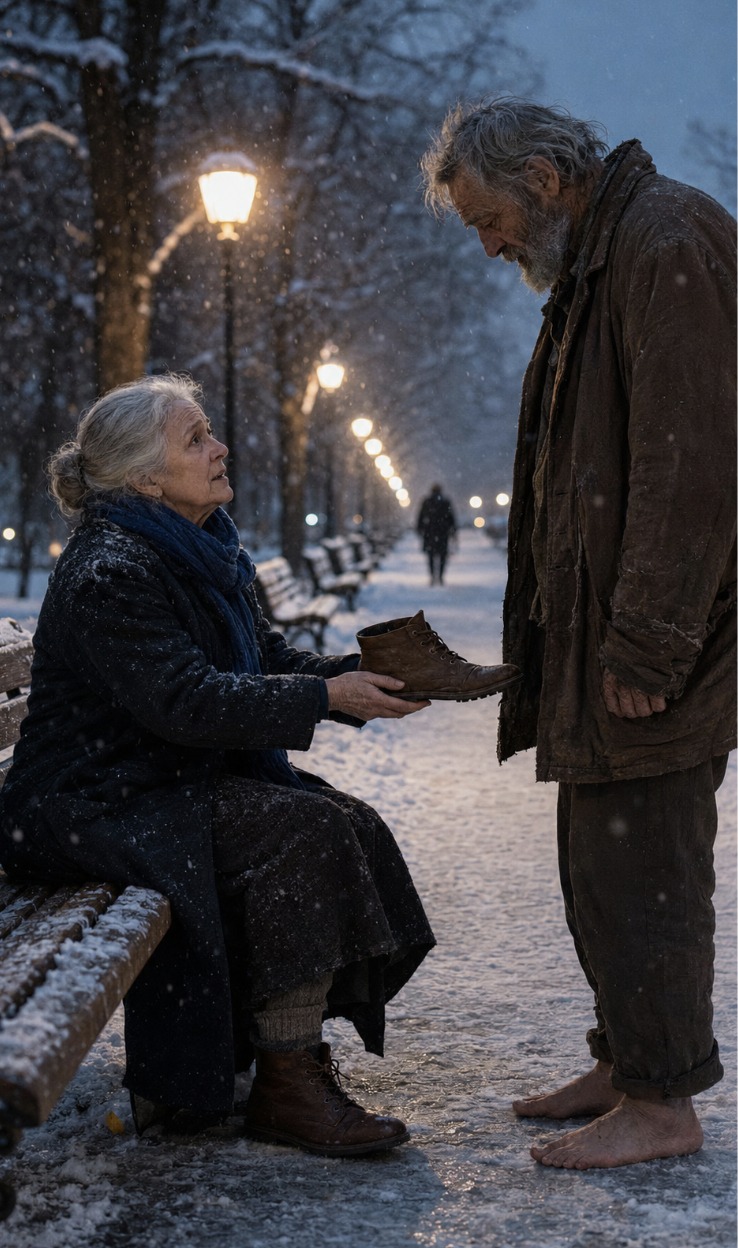 « Mon mari m’a quittée pour une femme de 28 ans la veille de Noël », a-t-il dit, partant après 28 ans sans se retourner. Je suis restée seule sur un banc de parc gelé, mon mariage terminé. Puis j’ai vu un homme pieds nus devenir bleu dans la neige — et je lui ai donné mes seules bottes d’hiver. Deux heures plus tard, 17 SUV noirs m’ont entourée. L’homme “sans-abri” est sorti en costume et a dit : « Je suis content que tu aies réussi le test… »