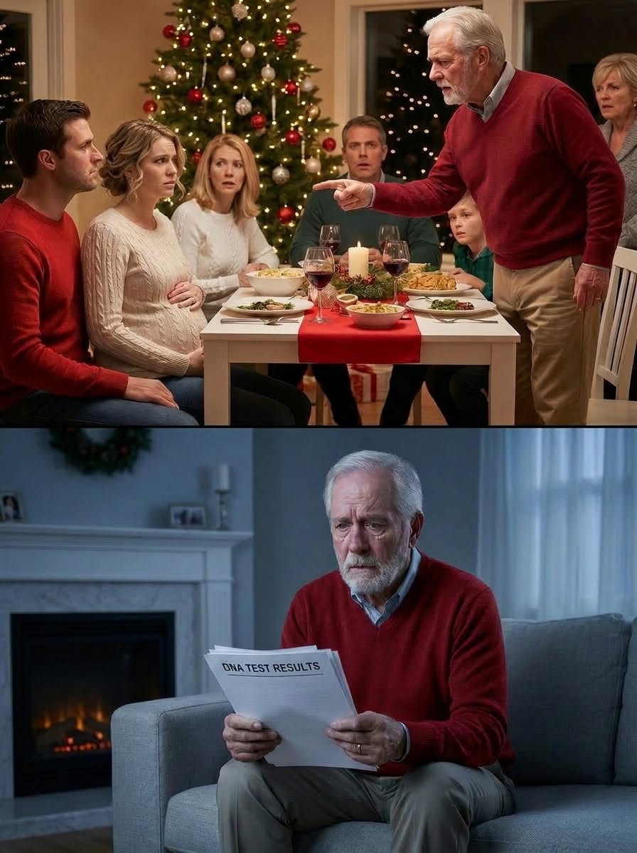 Le soir de Noël, j’ai tenu la main de mon mari et murmuré : « Je vais être maman. » Un silence de mort s’est abattu sur la table. Mon beau-père s’est levé d’un bond et m’a pointée du doigt : « Toi et cet enfant, vous n’avez pas votre place dans cette famille ! » Je n’ai pas pleuré. J’ai simplement posé un cadeau devant lui et dit : « Alors, ouvre-le après mon décès… »