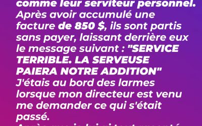 Une famille a critiqué mon service et a quitté le restaurant sans payer une facture de 850 $ – J’ai tourné la situation à mon avantage
